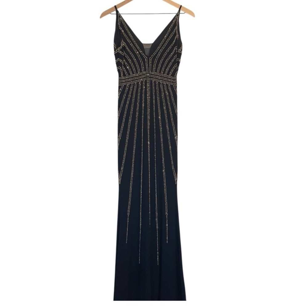 Xscape Beaded Evening Gown, Dark Navy Blue, Deep V, Sheath, Thin Straps, Size 2 - Picture 4 of 16